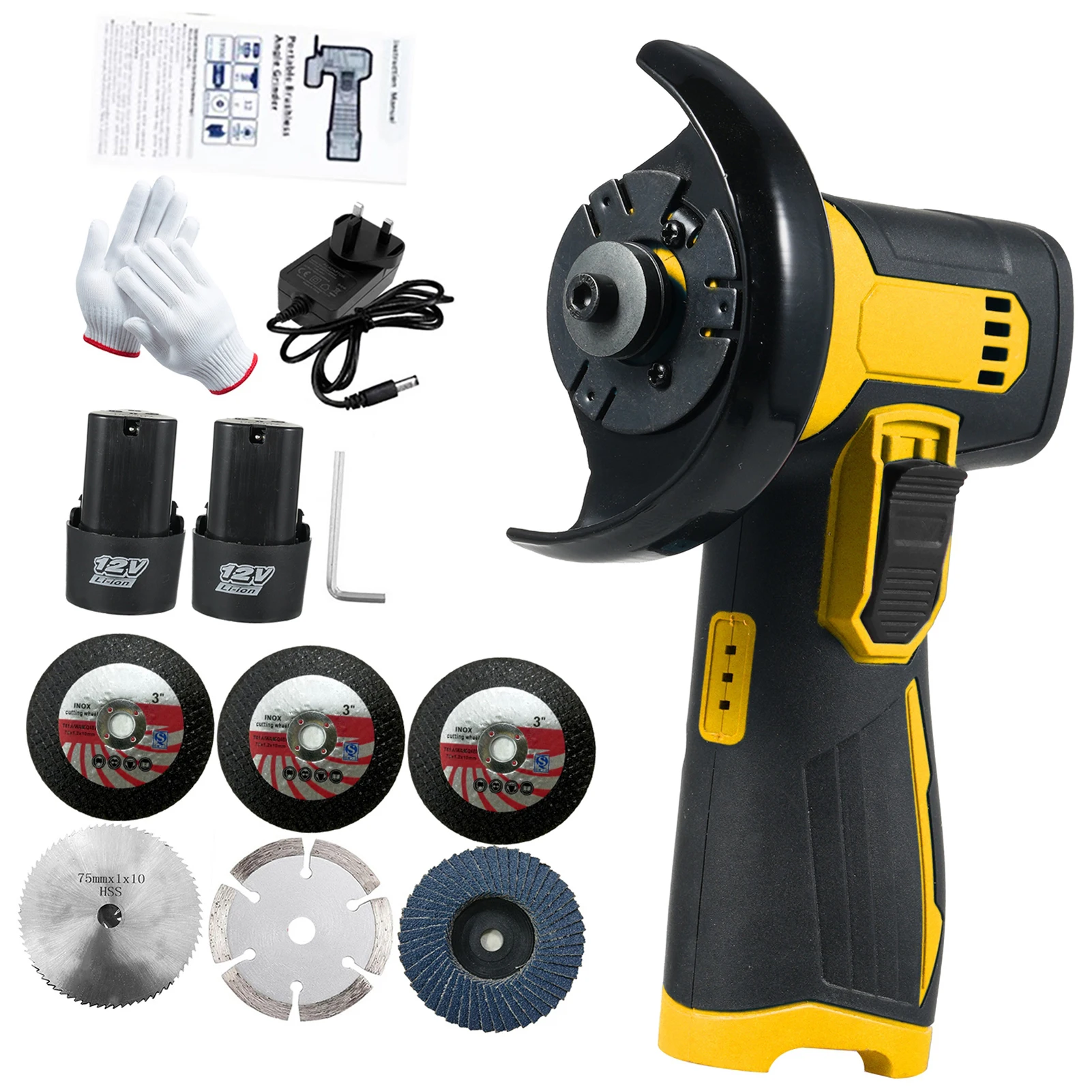 12V Draadloze Borstel Haakse Slijper Kit Slijpschijf 3 Inch/76 Mm Lichtgewicht Haakse Slijper Tool 2 Stuks lithium-Ion Batterij Oplader