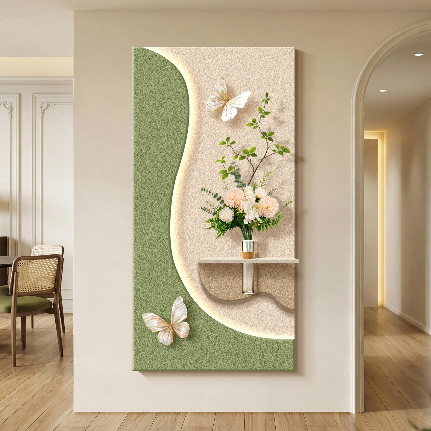 Middle ancient style entrance decoration, green plants, ambient lighting, French style corridor, corridor, hanging paintings
