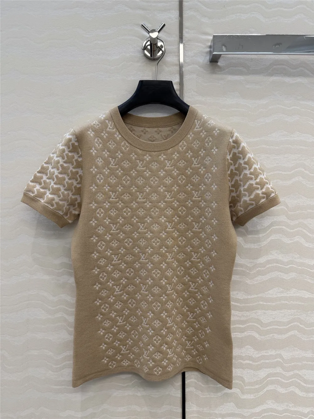 

26 Early Autumn New Round Neck Contrasting Jacquard Slim Fit Wool Blended Knitted Women's Short Sleeved Top