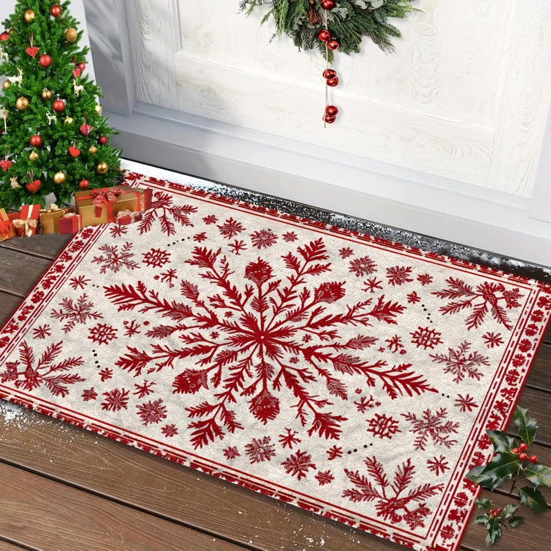 VIKAMA Xmas Holiday Welcome Mat White Base Red Print Soft Anti‑Slip Rug For Entrance Hall Living Room Home Decor
