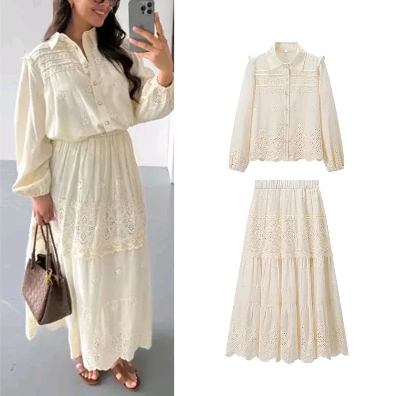 

Новый осенний женский модный комплект Long Sve Bubble irt + полосатая юбка с высокой талией и вышивкой, повседневная одежда из двух предметов