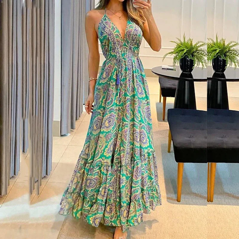 Vintage Printed Tie-up Bohe Suspender Dress Women Elegant V-neck Hight Split Long Dress Summer Sexy Sleeveless Beach Cover Up