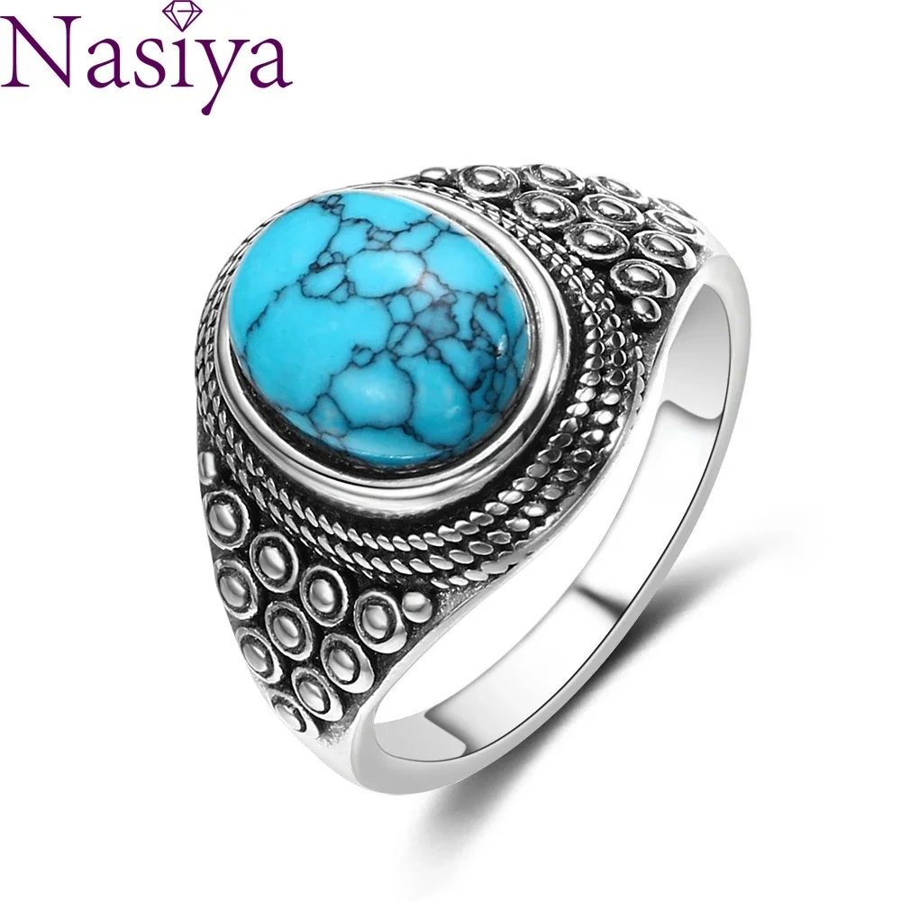 

Punk Oval Natural Turquoise Rings for Women S925 Silver Fine Jewelry for Women Anniversary Party Birthday Gift Daily