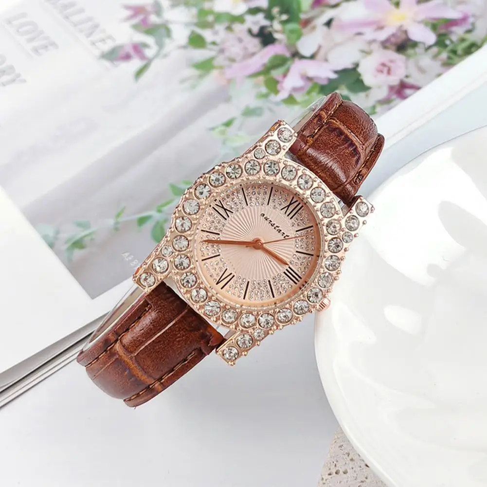 Relógio feminino elegante de quartzo feminino, mostrador estilo strass, pulseira de couro sintético ajustável, alta para negócios, alta