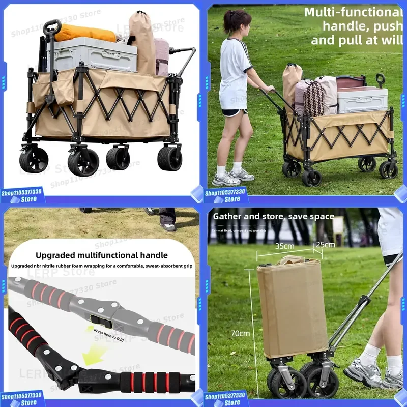 SYNC YZ087 Folding Camping Cart 10 Inch Rotating Wheels Push Pull Outdoor Picnic Trailer Compact Street Wagon for Campground
