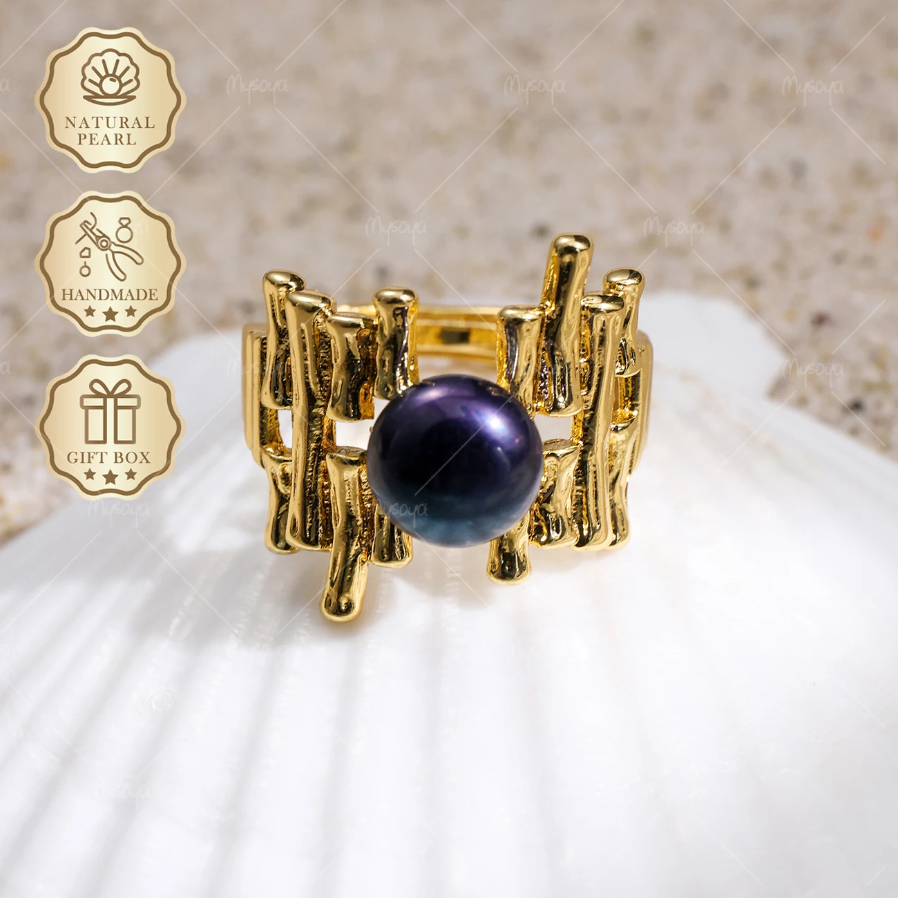 

MYSOYA 8-9mm Black Freshwater Pearl Open Ring Gold Irregular Geometric Ring, Gift Box, Birthday Jewelry S427