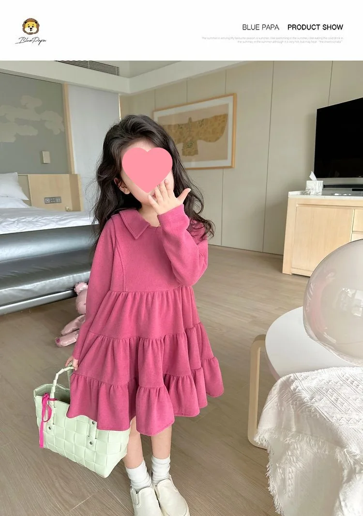 2026 Neue Herbst-Kinderkleidung 2-10 Jahre Mädchen Partykleid Langärmeliges Baumwollkleid Einfarbige Kinder-Prinzessinnenkleider – Detail 3