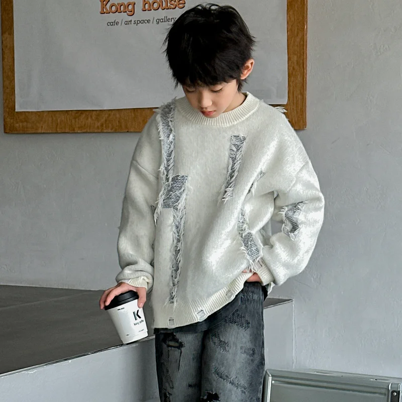 New Stylish Boy Ripped Sweater with Holes Kids Fashion Knit Top Outerwear Child Black Grey Color Destroyed Knitwear For Teenager