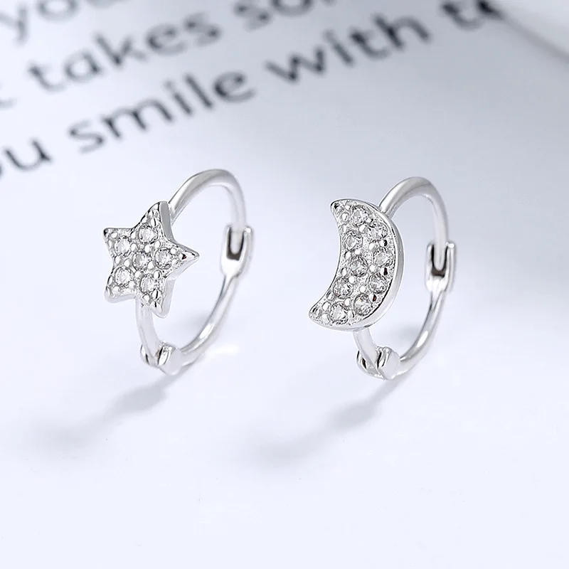 

925 Sterling Silver Star Moon Asymmetric Earrings For Women Mini INS Style Small Niche Ear Accessories For Daily Wear