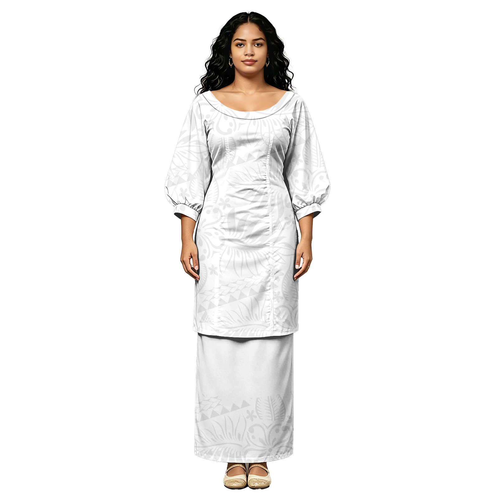 Crew Neck Polynesian Tribal Style Ladies Puletasi Hawaiian Hibiscus Design Church Puff Sleeves Women Samoan Puletasi White Dress