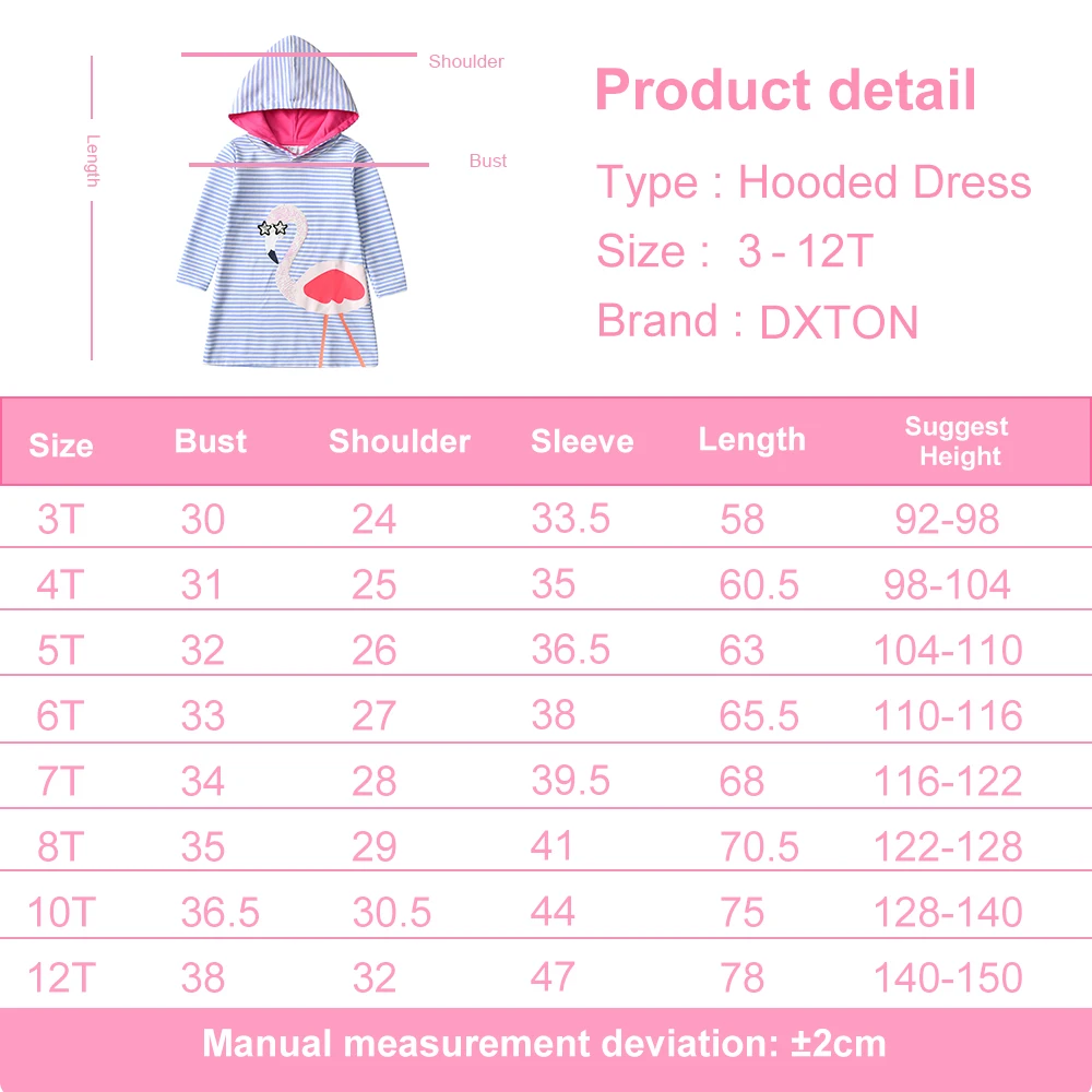 DXTON Girls Hooded Dress Autumn Winter Toddlers Hoodies Dresses Flamingo Cartoon Kids Clothing Striped Girls Casual Costumes