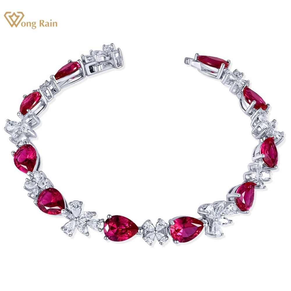 

Wong Rain Vintage 925 Sterling Silver 6*8 MM Pear Cut Ruby Emerald High Carbon Diamond Gemstone Bracelets Bangle Fine Jewelry