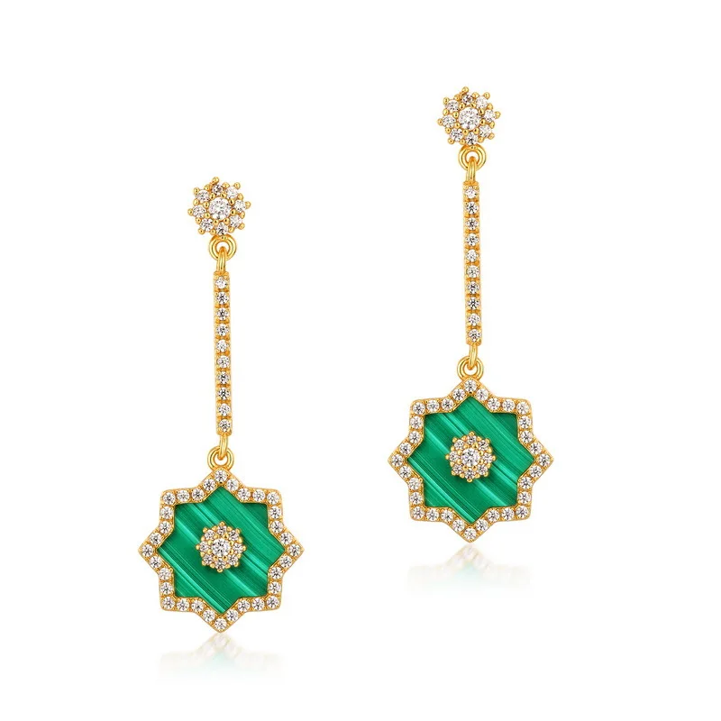 

Star Shape Malachite Drop Earrings 10K Gold Plated Ins Korea Design 925 Sterling Silver Gemstone Dangle Earrings for Women Gift