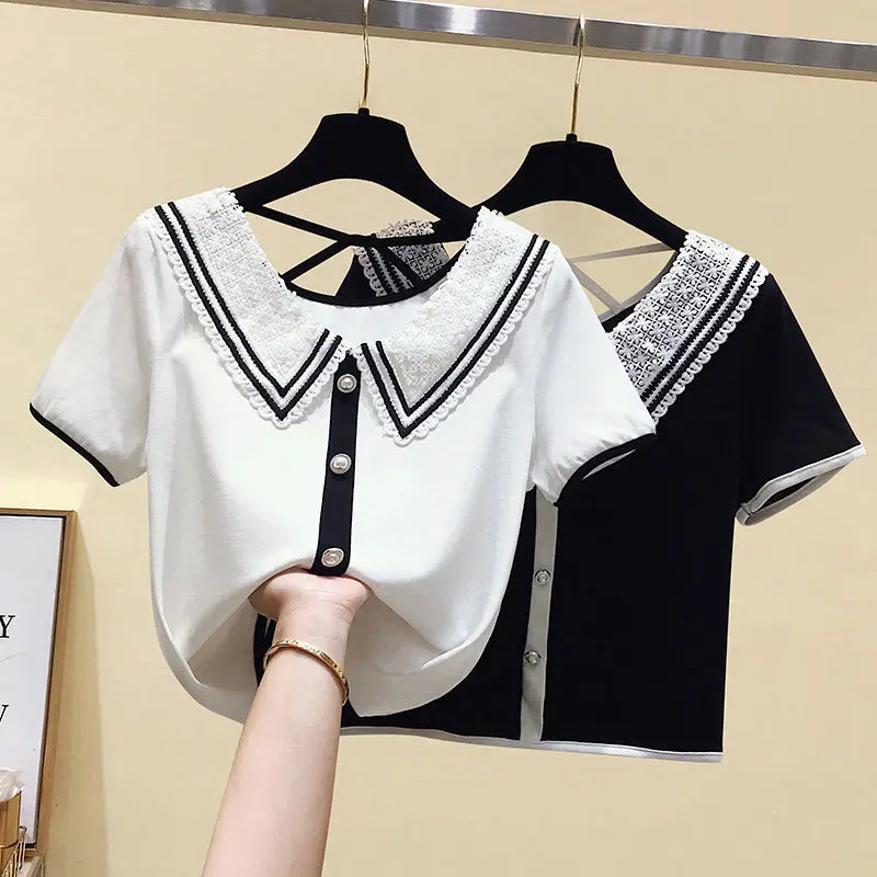 

2024 Summer New Lace Doll Collar Stripe Short Sleeve T-shirt Women Slim Patchwork Hollow Backless Comfortable Casual Short Tops