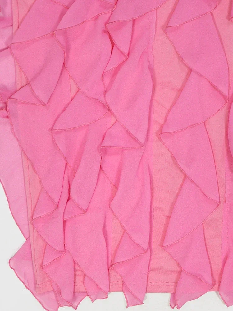 Elegante decote em v profundo babados em camadas vestidos de festa longos para mulheres bonito rosa ruched noite fora vestidos outfits clubwear