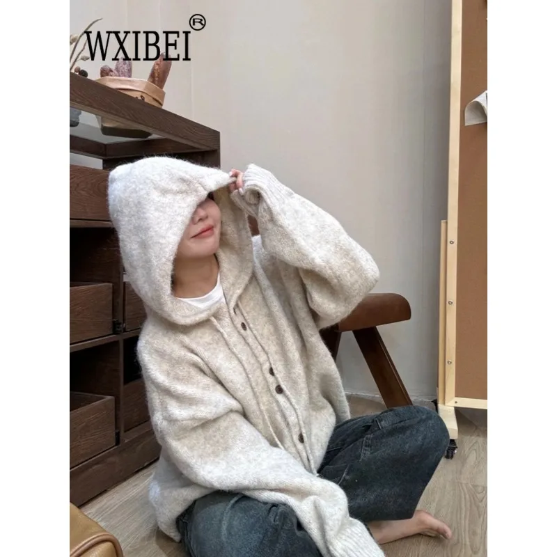 Soft Glutinous Hood Knit Cardigan Women Autumn and Winter Thickened Korean Series Wear Lazy Relaxed Feeling Mid-Length Sweate...