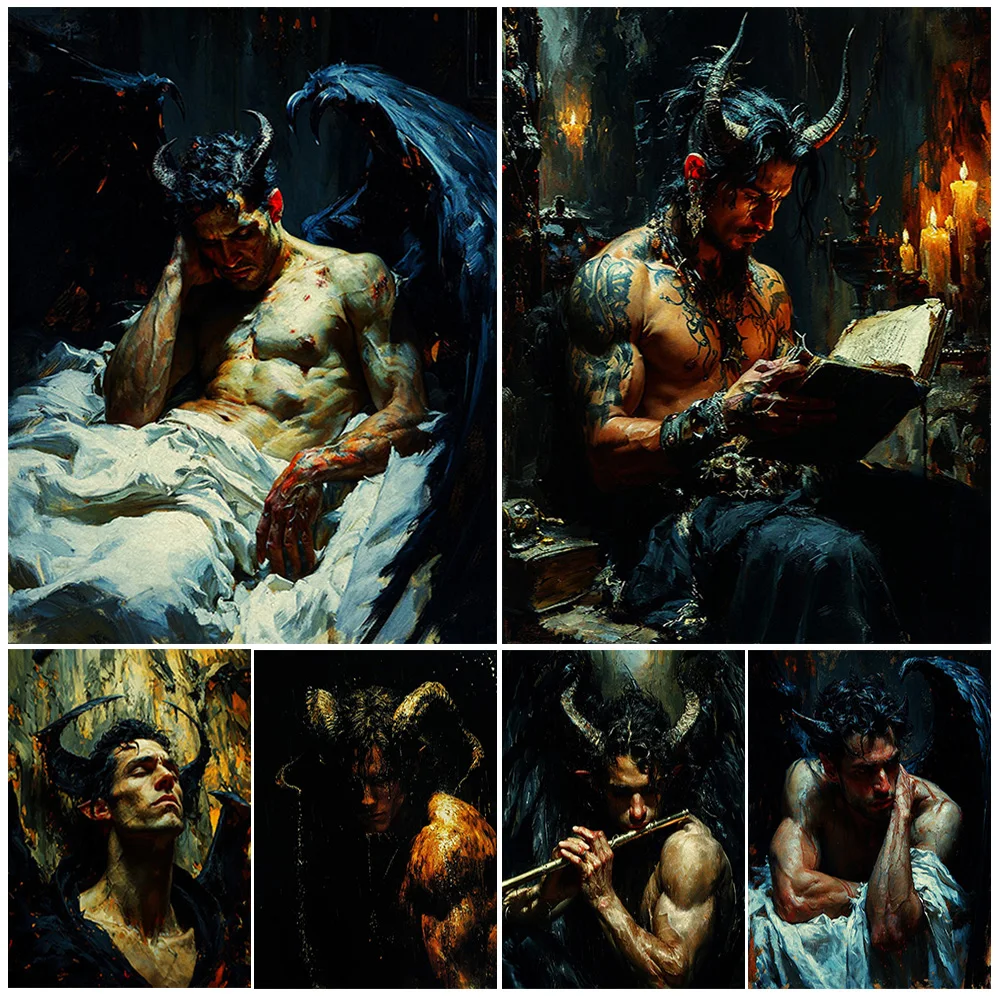 Постер на стену в викторианском стиле с изображением демона Хелла, художественный постер с изображением Люцифера в винтажном стиле, Картина на холсте, домашний декор без рамки