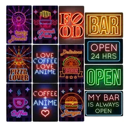 24 Hrs Bar Cafe Neon Signs Beer Pizza Hot Dog Tacos Coffee Vintage Metal Poster Plaques Decoration Wall Tin Painting