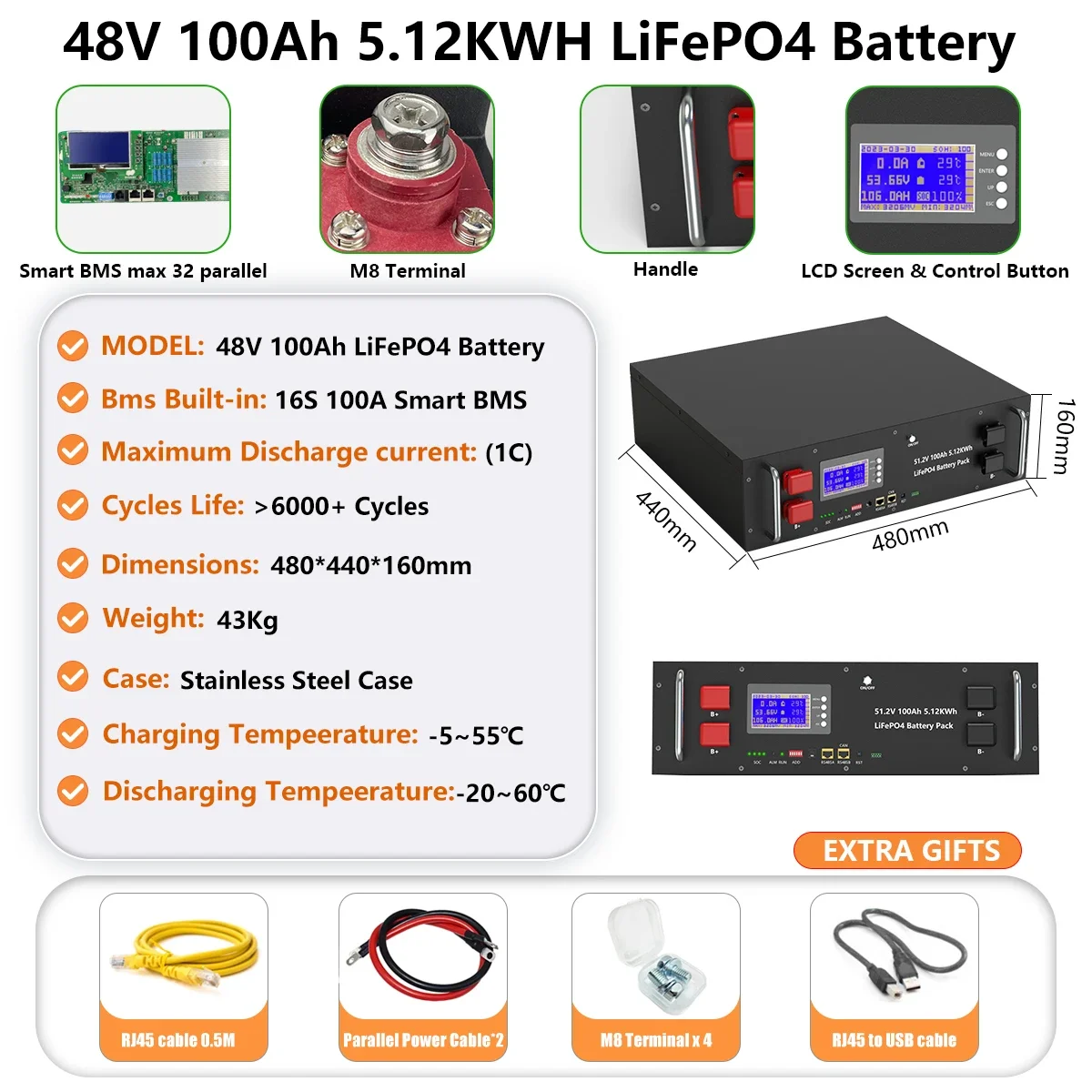 LiFePO4 48V 100AH 200AH 150AH Battery Pack 51.2V 5KW Lithium Solar Battery Rechargeable Battery 6000+ Cycles For Inverter