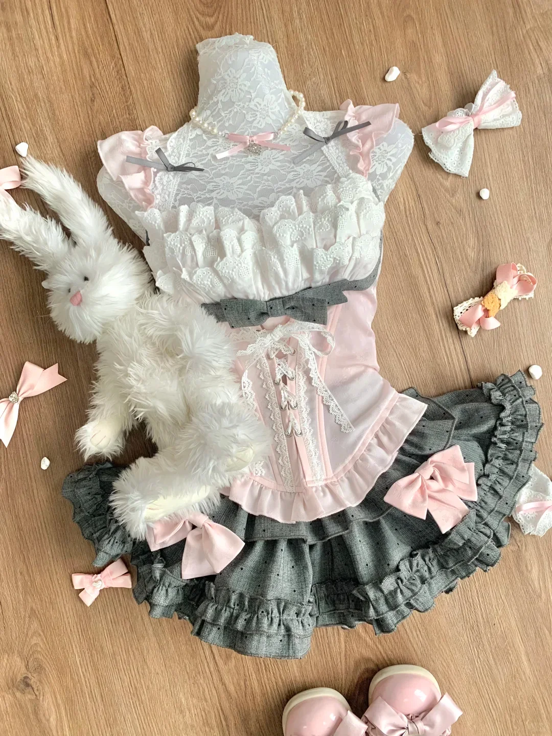 Sweet Lolita Japanese Kawaii Black White 2 Piece Set Off Shoulder Lace Ruffle Bow Corset Mini Skirt Women Cosplay Party Outfits view 4