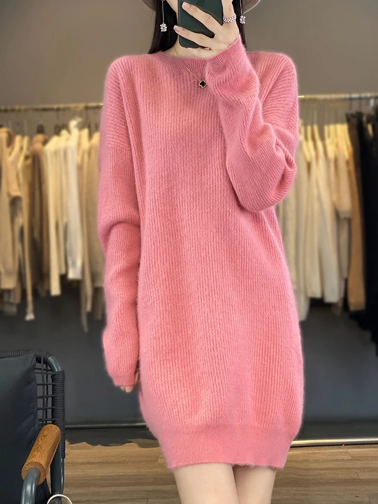 Aliselect Women 100% Mink Cashmere Knitted Dress Spring Winter Autumn O-Neck Sweater Female Dresses Hot Sale Long Style Jumpers