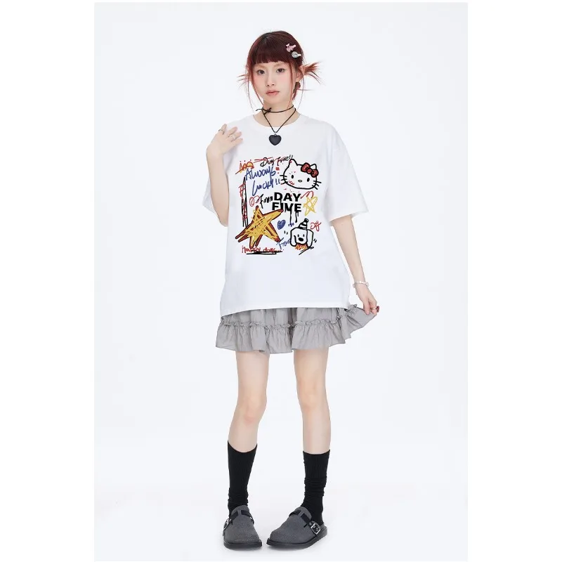 

American Graffiti KT3D Printed White Quick Drying Short Sleeved T-shirt for Women's Summer New Loose Top Trend