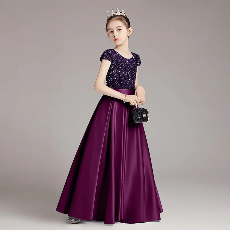 

Girls Dress Sequin Long Costume Satin Tulle Bow Princess Dress Birthday Gift Wedding Colthes Evening Piano Performance Party