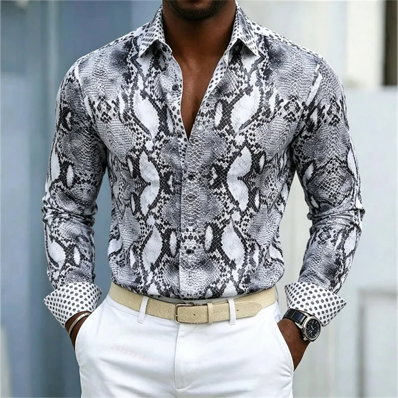2026 New Men's Shirt Snake Print Long Sleeved Shirt Slim Fit No Iron Business Casual Shirt Street Style High-Quality Shirt