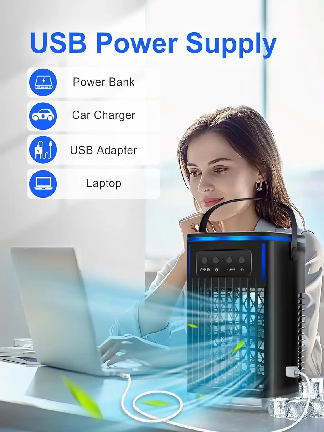 Mini aire acondicionado evaporativo Personal de 3 velocidades con tanque de 1500ml, temporizador de 1-6H, Enfriador de aire frío y ventilador