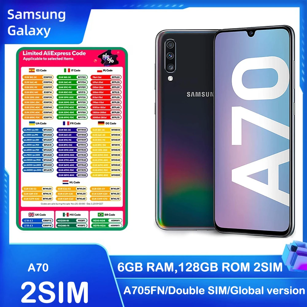 Samsung Galaxy A70 Intelligent Android Phone A705FN 2SIM 6.7-inch Triple Camera 32MP 4500mAh 25W Samsung Global Version Unlocked