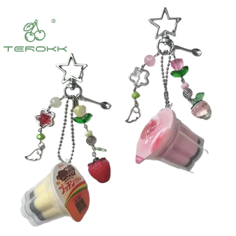 LLavero de pudín japonés con forma de amor, colgante de flan de huevo rosa y amarillo, accesorio estético Retro Y2K con cuentas, 1 Uds.