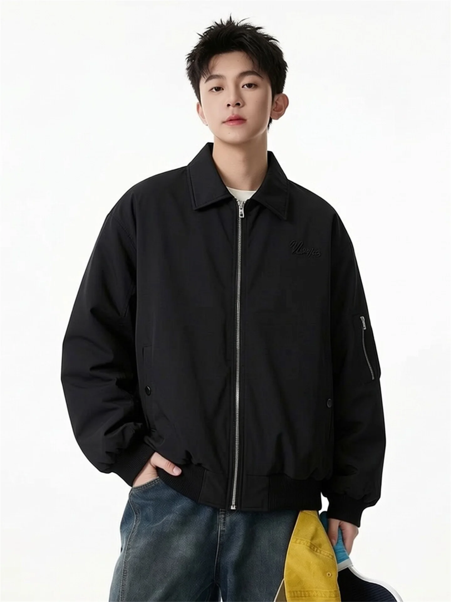 

Cleanfit American Sle Loose Fit Flight Jaet Men's Trendy Baseball Coat Casual 's Jaet Bla Classic Collar