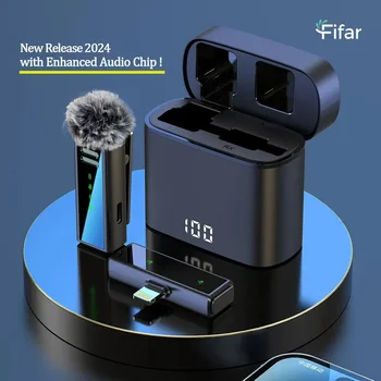 FIFAR Microfono lavalier wireless da bavero Registrazione audio portatile con riduzione del rumore per iPhone Android PC con scatola di ricarica