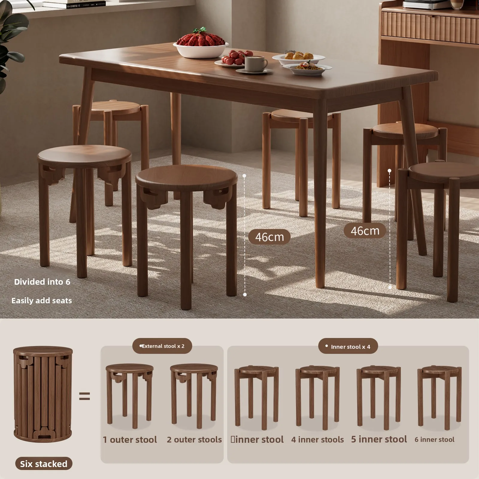 Solid Wood Six-in-one Stacking Foldable Movable Stool Ottoman Minimalist Modern Design Household Dining Table Storage