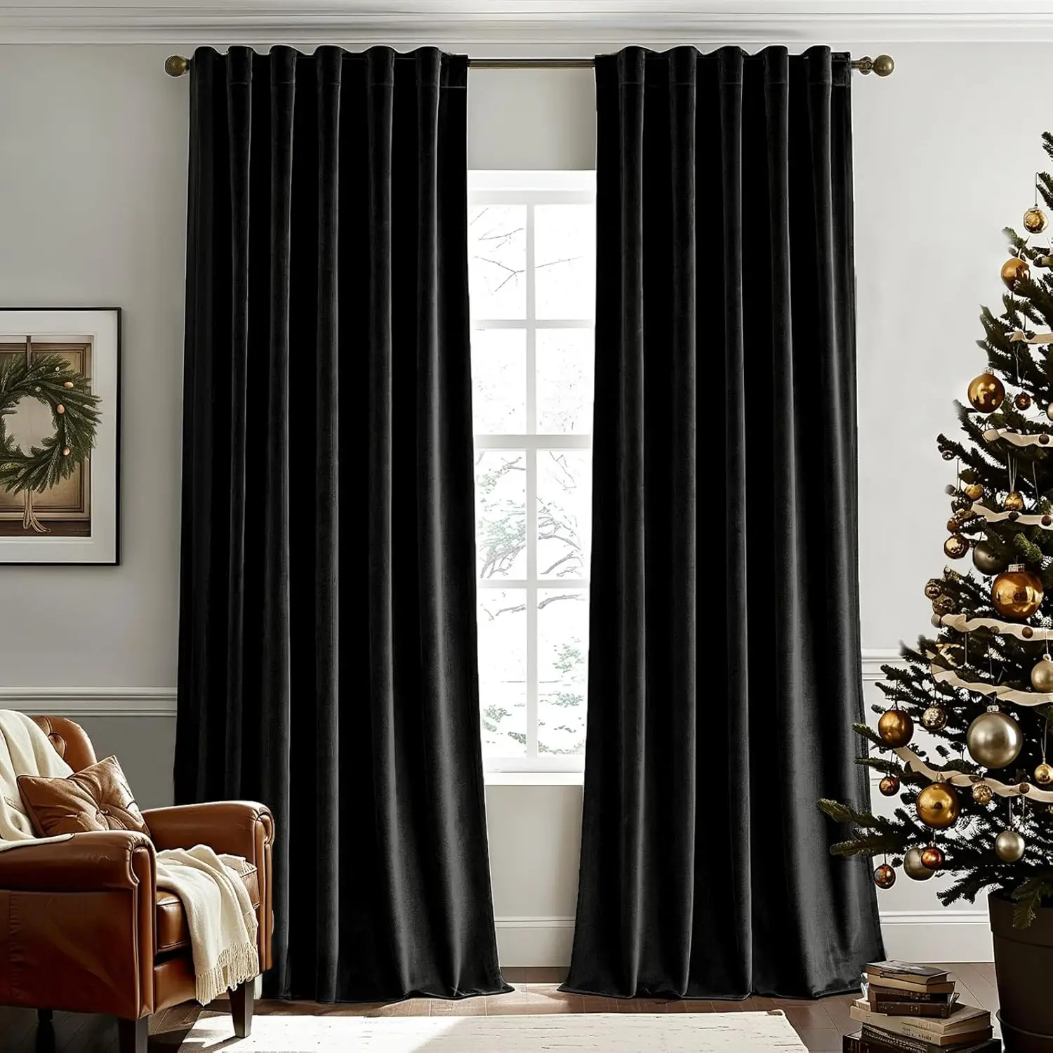 Black Velvet Curtains 96 Inches Length 1 Panel,Rod Pocket Classical Blackout Window Drapes or Bedroom Nursery Living Room
