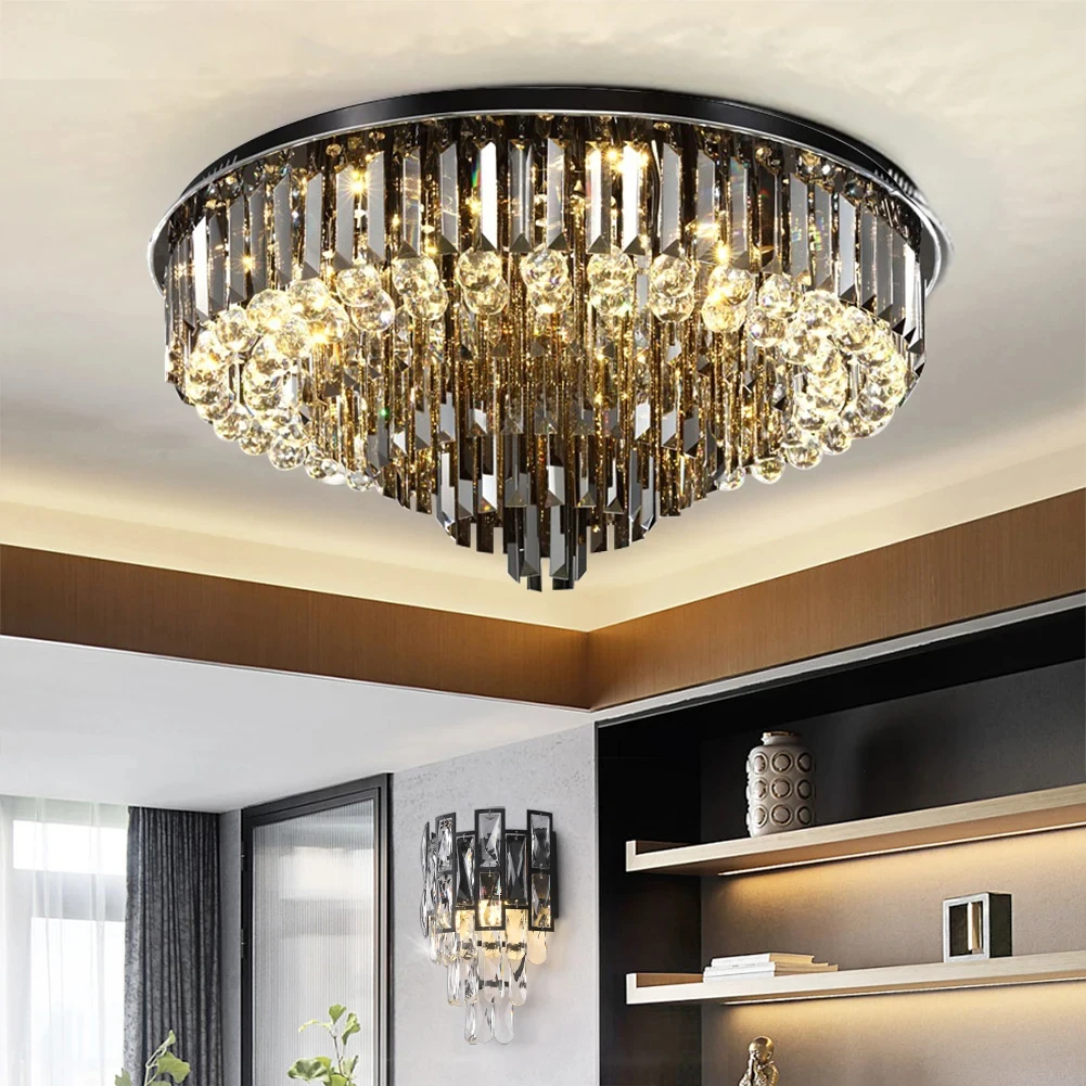 

Led Crystal Ceiling Chandelier For Living Room Modern Creative Home Decor Lamp Round Luxury Black Gold Silver Lighting Fixture