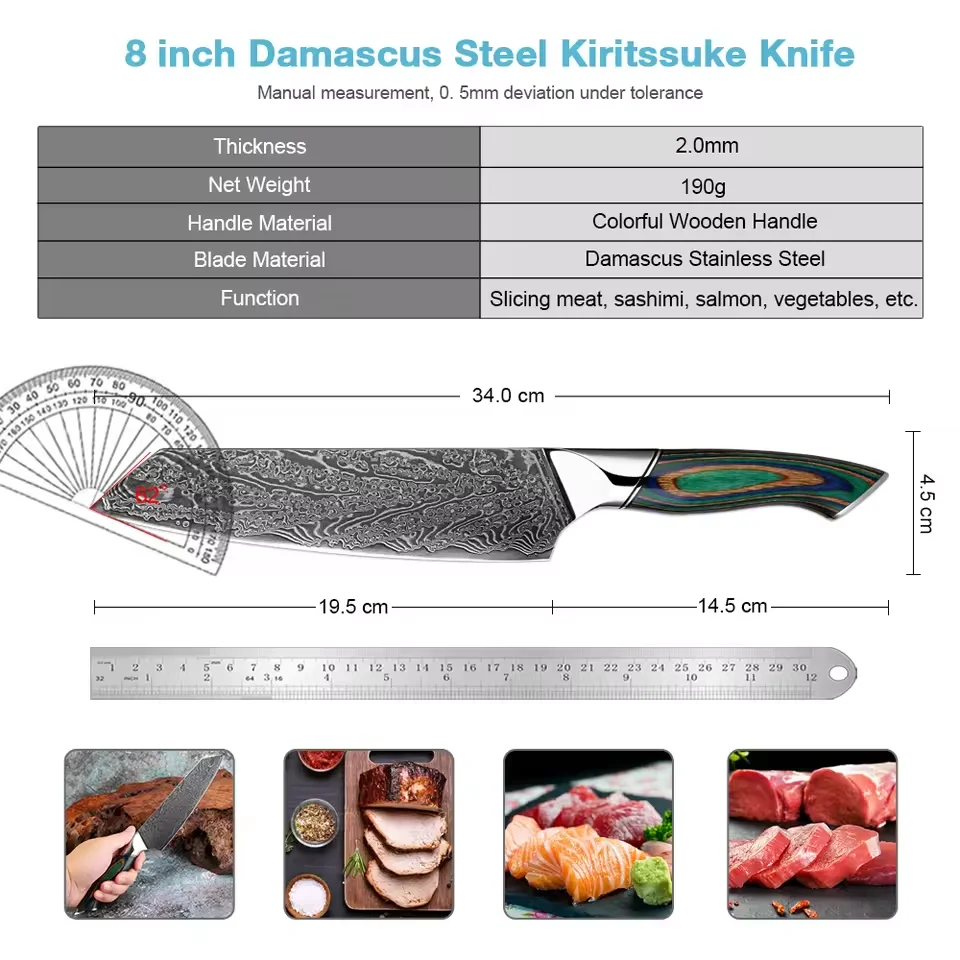 8 Inch Kiritsuke Knife Professional Sharp Damascus VG-10 Steel - Japanese Kitchen Chef Gyuto knife, Green Colored Wooden Handle