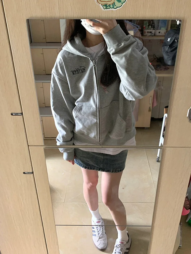 미국식 후드 지퍼 스웨트셔츠 여성용 봄 가을 겨울 루즈 디자인 아우터웨어 패션 레트로 스타일 긴 소매