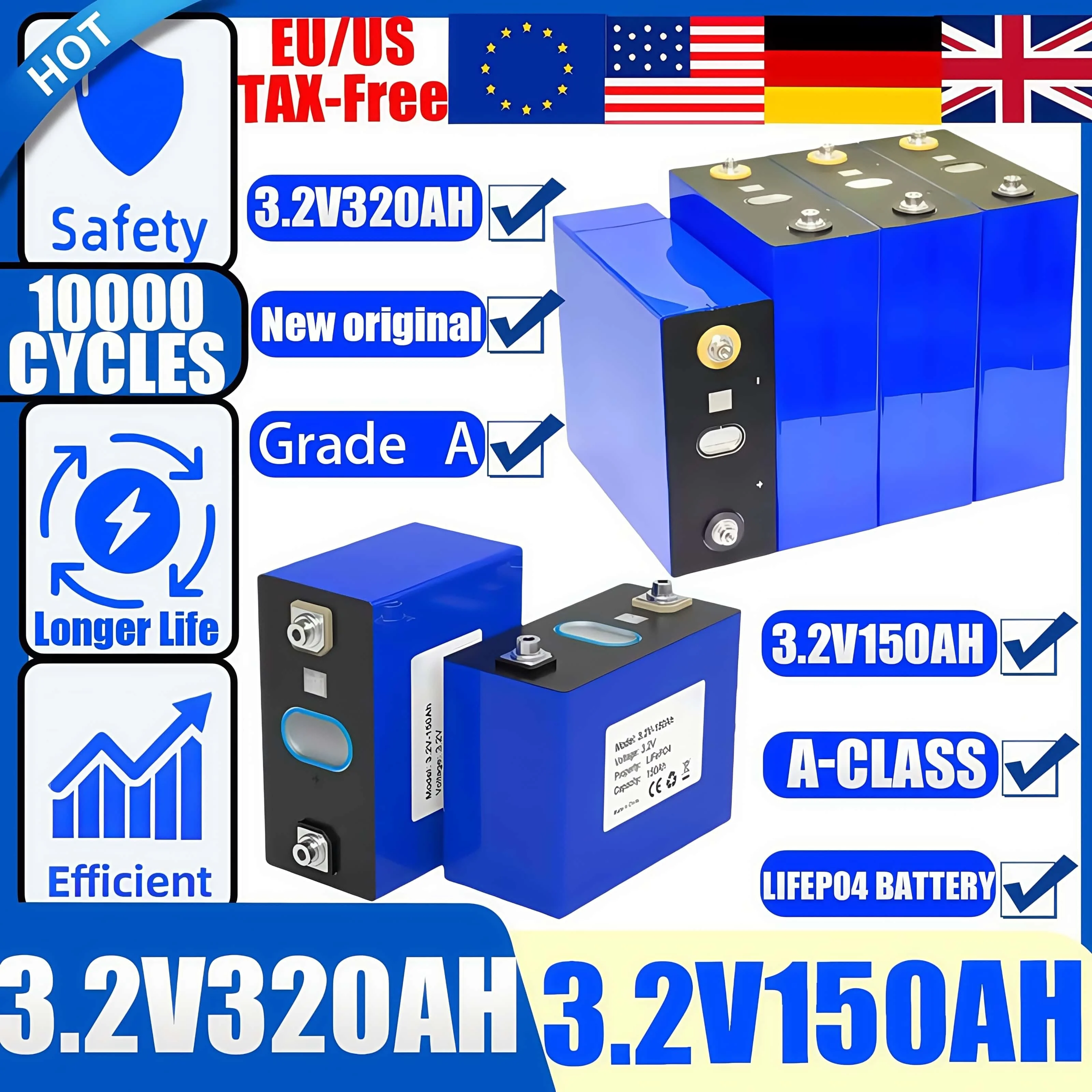 

A-класс 3,2 В 320 Ач 150 Ач Lifepo4 аккумуляторная батарея 10000 циклов 12 В 24 В 48 В аккумуляторная батарея для гольфа солнечная энергия для кемпинга беспошлинная торговля