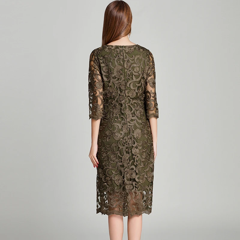 Vintage Lace Dress for Women Large Size Three Quarter Sleeves Loose Elegant Flower Print Lace New Arrival  Women\'s Dress 11644