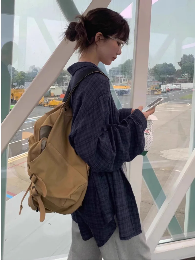 

Retro Plaid Women's Shirt Loose Long Sleeve Mid-Length Top Korean Sle Casual Design Autumn New Outerwear Coat Tops BA7Q4