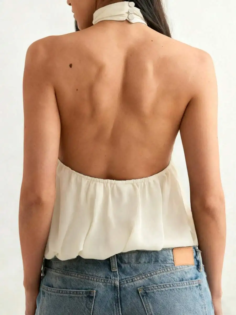 

Women Halter Neck Sleeveless Open Back Puffy Hem Crop Top Solid Casual Summer Blouse