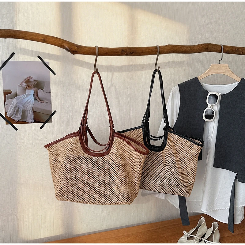 Große gewebte Tragetasche, Damen Frühlingstrendige Kontrastfarbene Hochwertige Vielseitige Schultertasche mit Henkel und Henkelgriff – Detail 2