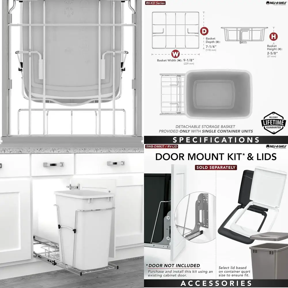 

35-Quart Full Extension Slide Kitchen Cabinet Trash Can, White, Waste Recycling Bin