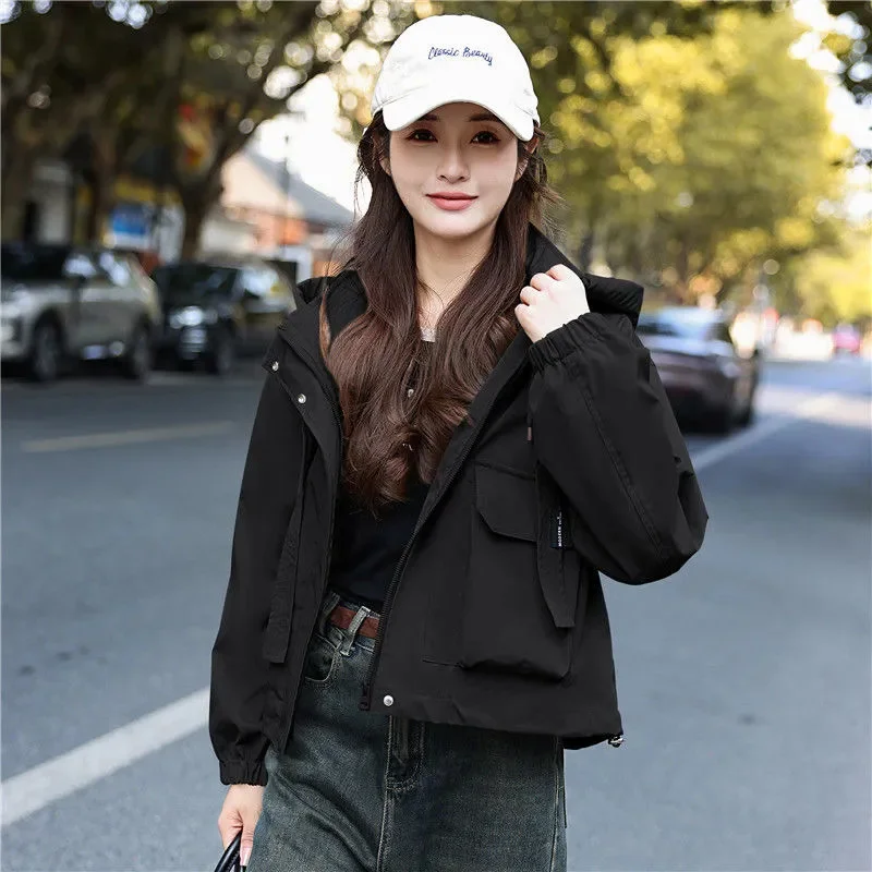Little Jacket Women's Spring Autumn 2025 New Short Coat Windbreaker Casual Loose Tooling Outerwear Hooded Female Outcoat Tops