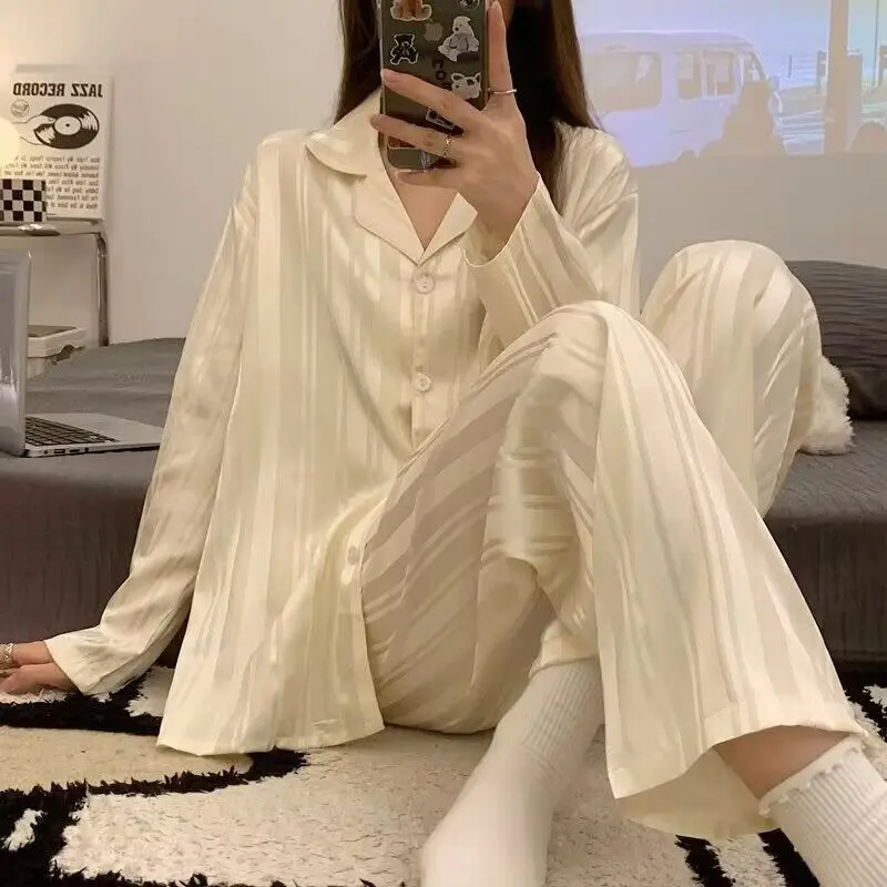 Womens Striped Silk Satin Pajamas Set Long Sleeve Pants 2 PCS Homesuit Female Spring Autumn Sleepwear Comfortable Loungewear 3XL