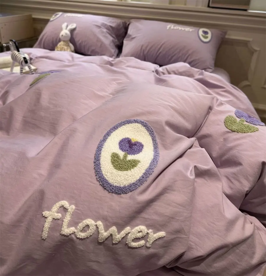 Elegant embroidery tulip purple bedding set,twin full queen king sweet cotton home textile bed sheet pillow case quilt cover