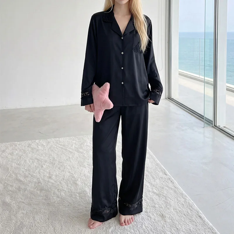 Spring Autumn Ladies Soft Loungewear Sleepwear Women Ice Silk Pajama Set Solid Color Long Sleeve Long Pants Home Clothing