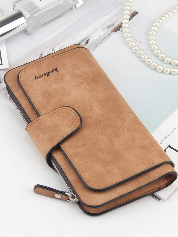 Длинный женский кошелек с застежкой-пряжкой — однотонная искусственная кожа, 10 слотов для карт и минималистский карман для монет на молнии