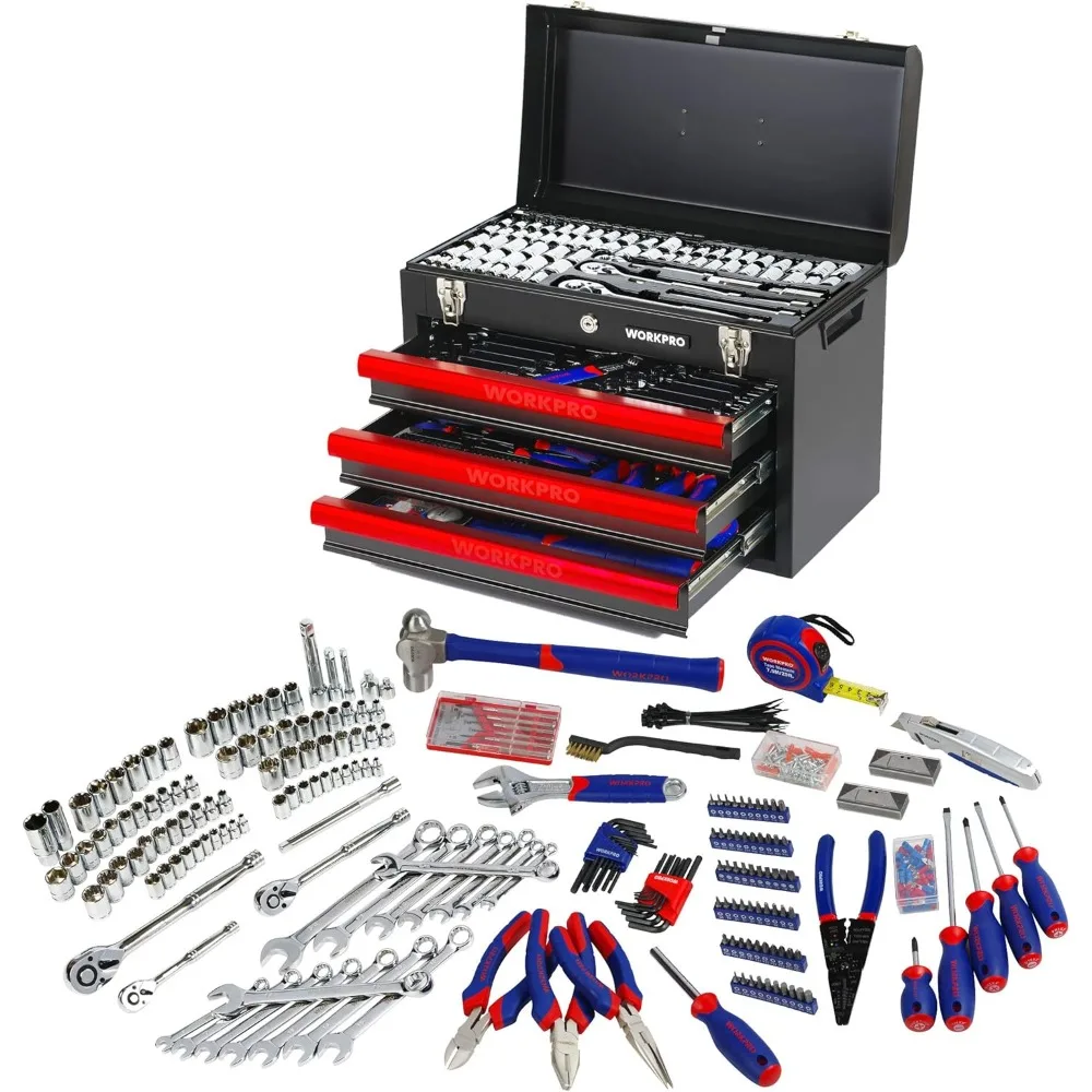 408-Piece Mechanics Tool Set, General Household Home Repair Tool Kit w/3-Drawer Heavy Duty Metal Box, Hand Tool Kit Set 1 Pack